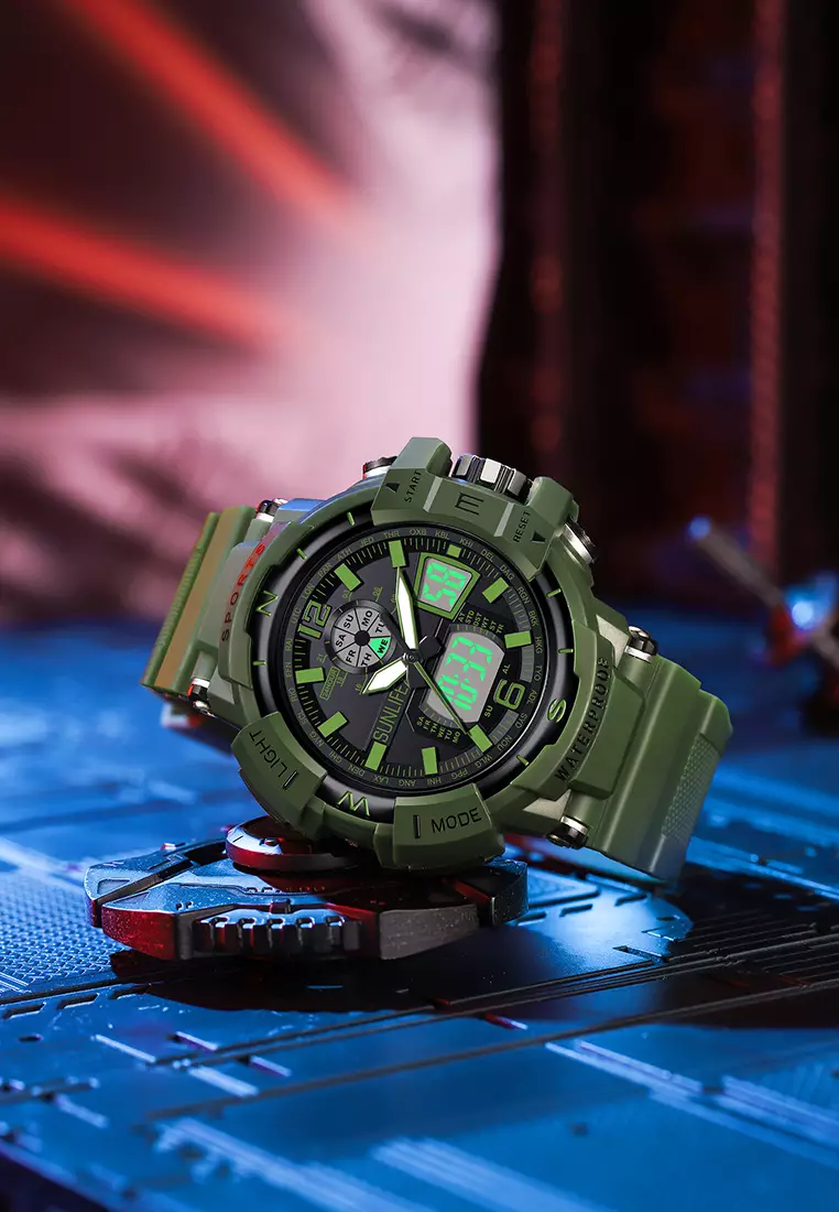 Jam Tangan Pria Digital&Analog Olahraga Bercahaya Multifungsi Alarm Jam Tangan Cowok D007 greenblack