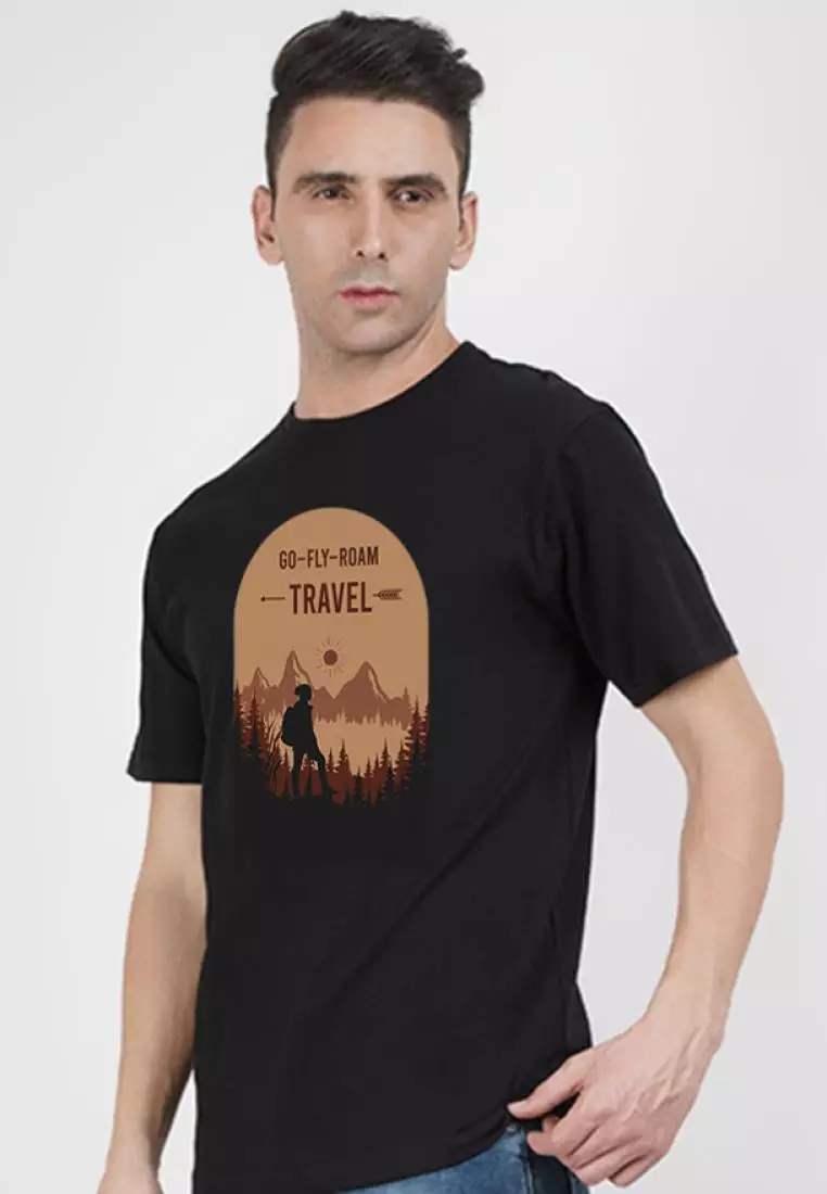 Go Fly Roam 图案黑色棉质短袖圆领常规版型 T 恤