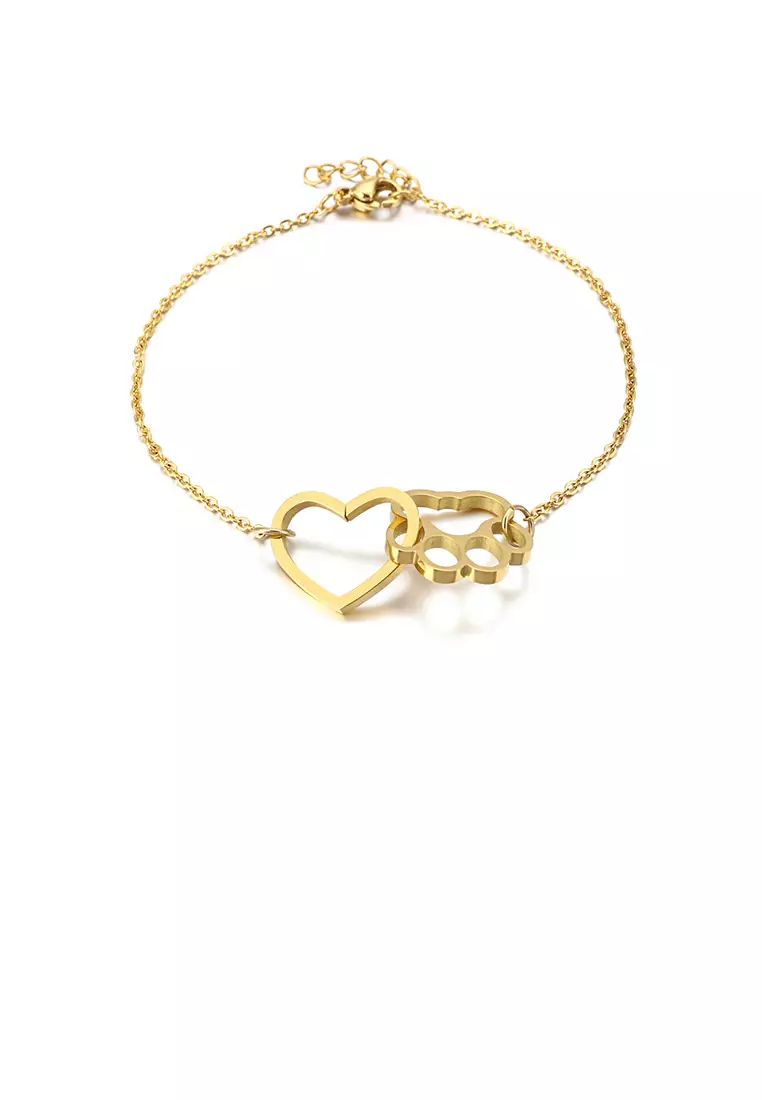Simple and Cute Plated Gold Hollow Heart-shaped Cat Paw Footprint 316L Stainless Steel Bracelet