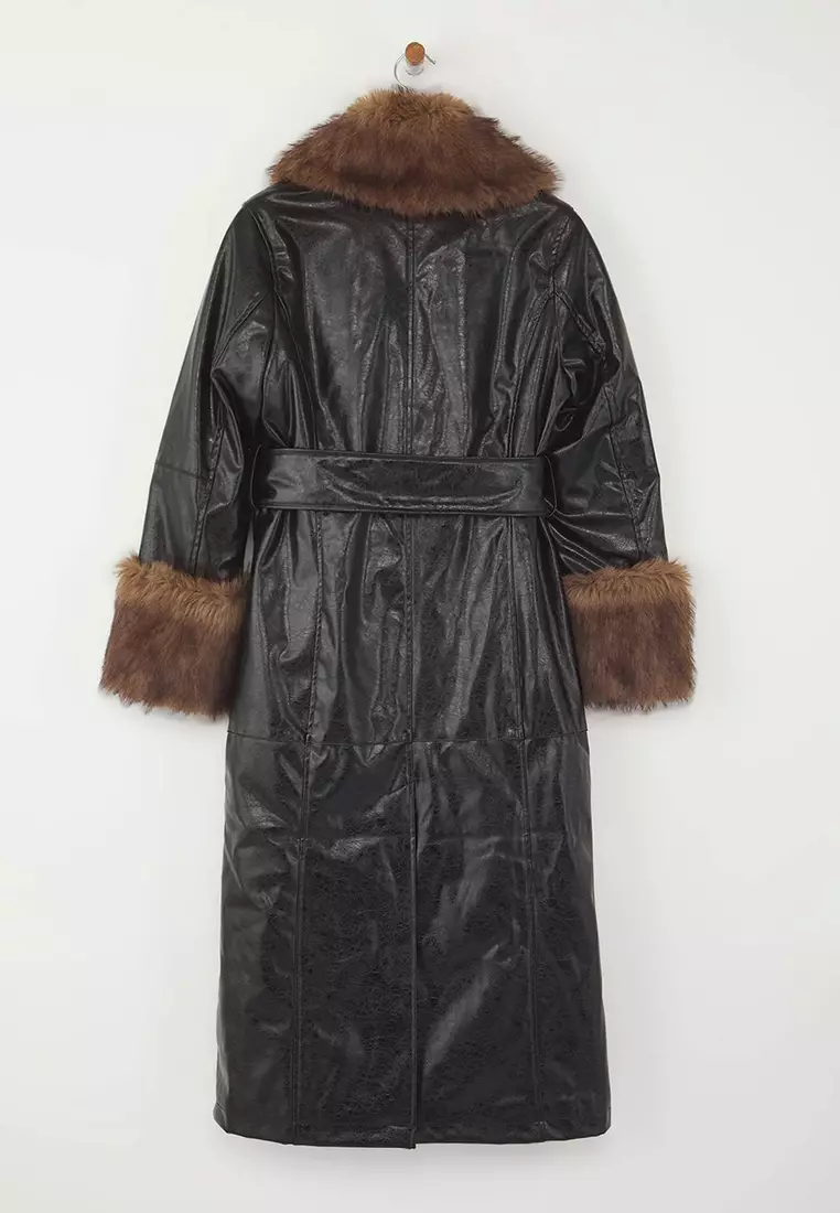 Special Collection Black Faux Leather Fur Detailed Mono Closure Oversize Long Coat