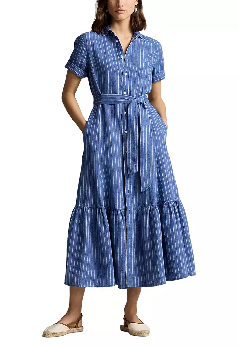 knee length dresses for ladies Ralph Lauren Girls Linen Striped Dress in Blue