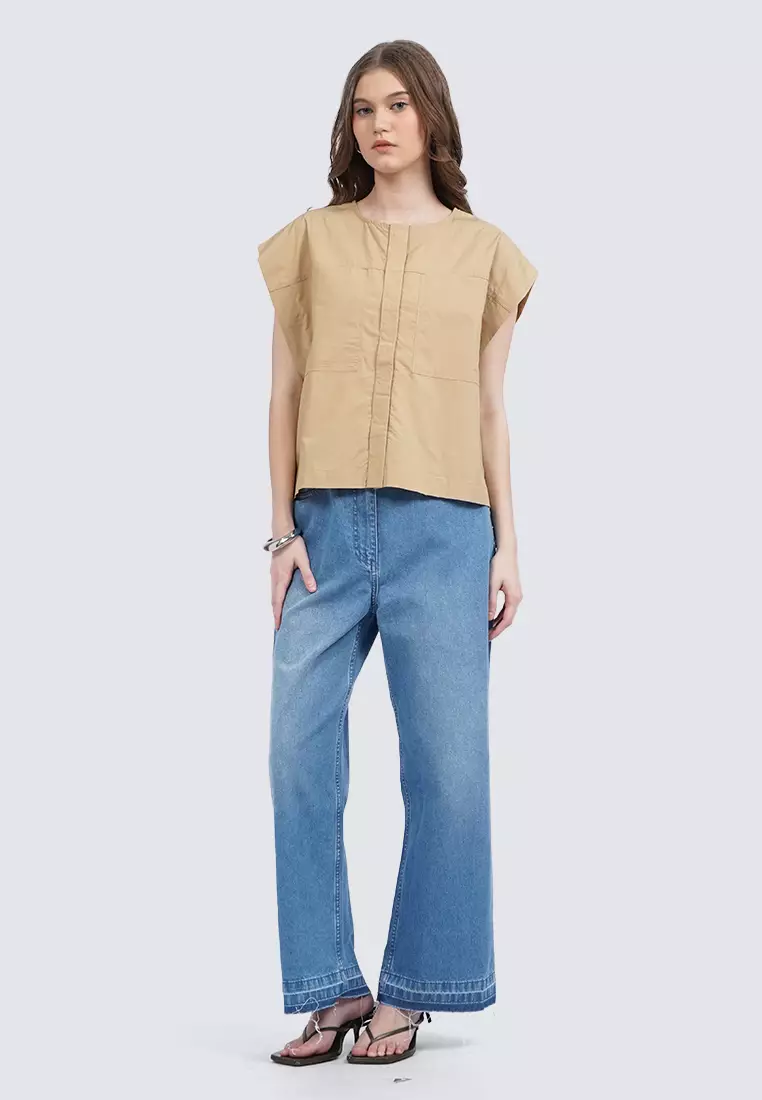 Round Neck Short Sleeve Blouse KHAKI