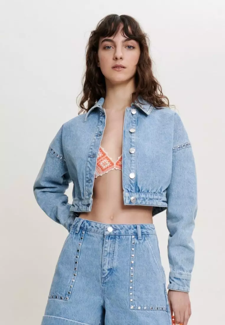 Cropped studded denim jacket clearance