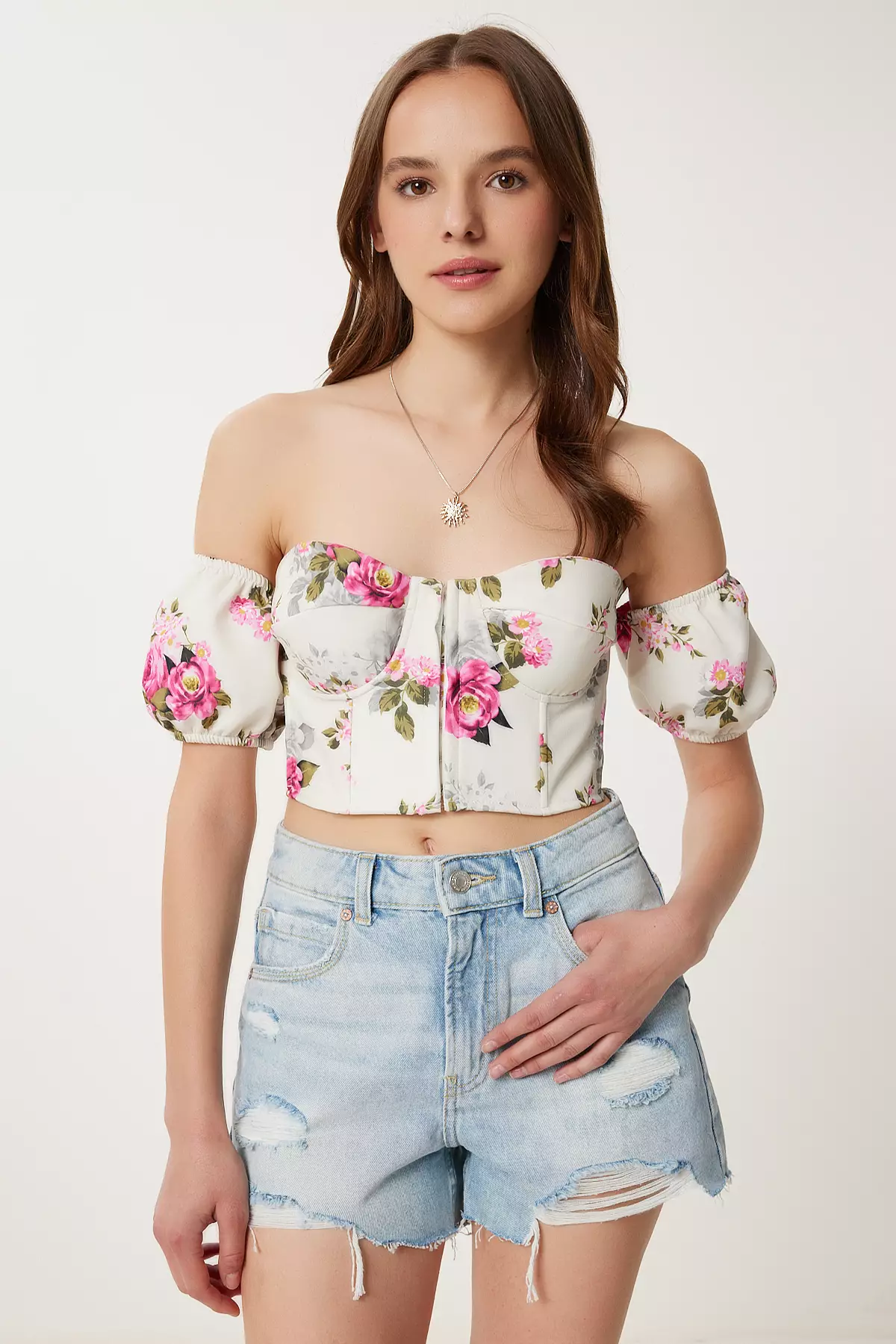 Women's Cream Pink Patterned Crop Viscose Blouse Cr00510