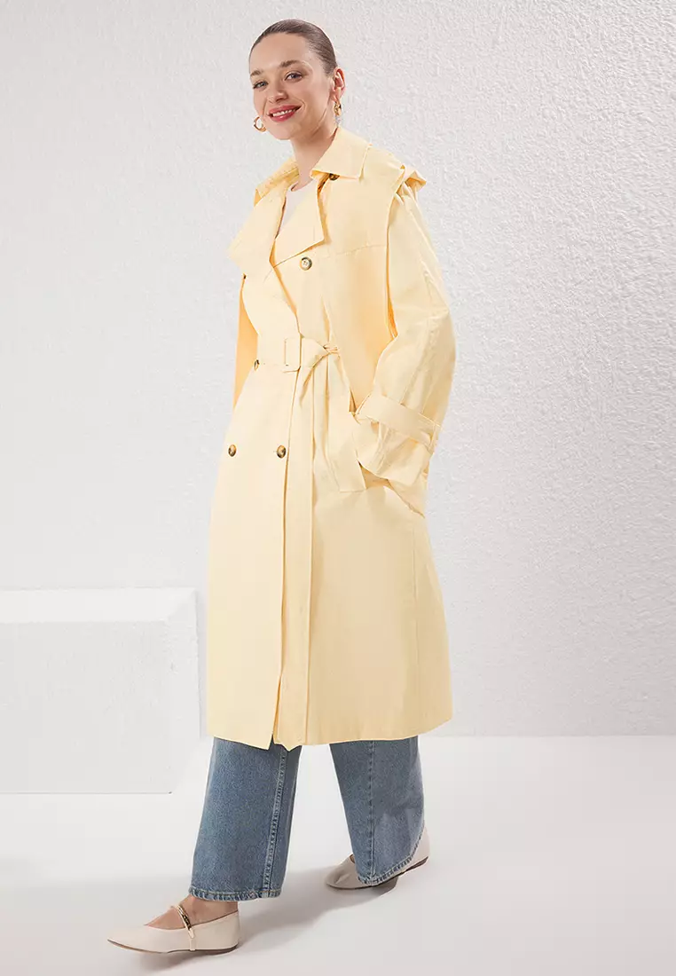 Light Yellow Shawl Collar Double Breasted Oversize Long Trench Coat TWOSS25TR00021