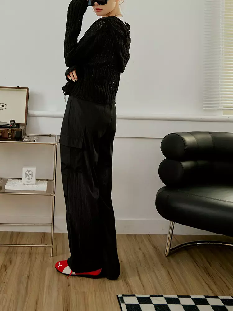 素色腰鬆緊膝打褶大口袋縮口工裝褲《BA7567》