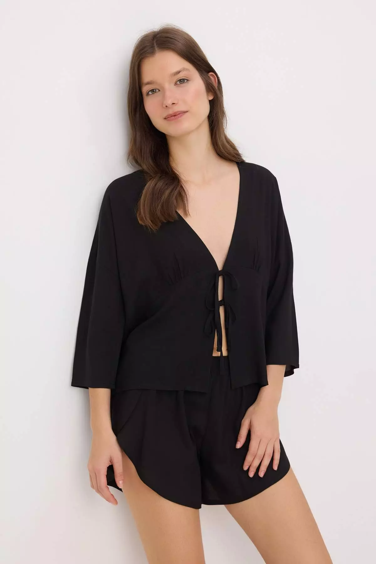 Siyah More Sustainable Non-Fading Black Woven Pajama Set With Tie Viscose Shorts Thmss23Pt00165