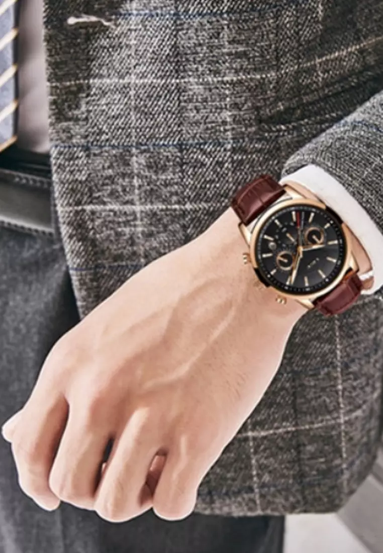 Chronograph Unisex Gold color finished Stainless Steel Quartz Watch 43mm, black dial, on Brown Leather Strap