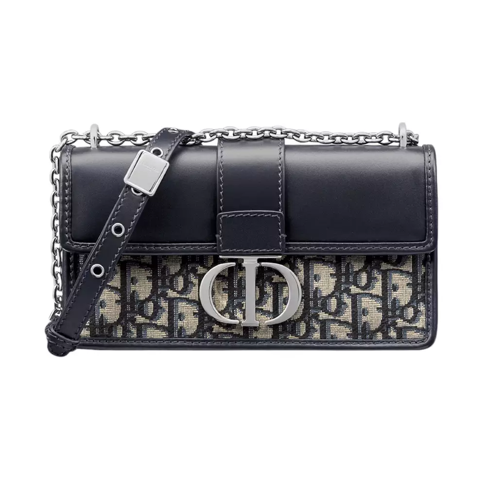 30 Montaigne East-West Bag with Chain Oblique Jacquard and Smooth Calfskin Blue