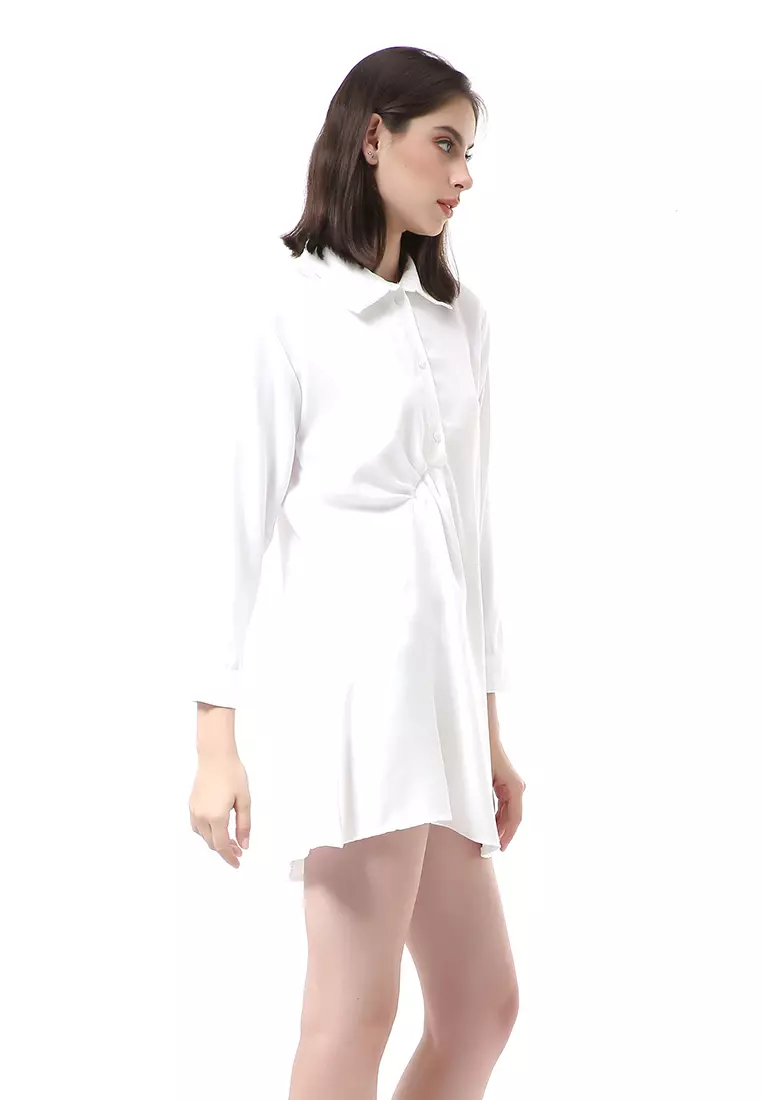 Rachel Mini Dress Wanita Model Kancing Palin Motive lengan Panjang Material Moscrepe ORIGINAL - White