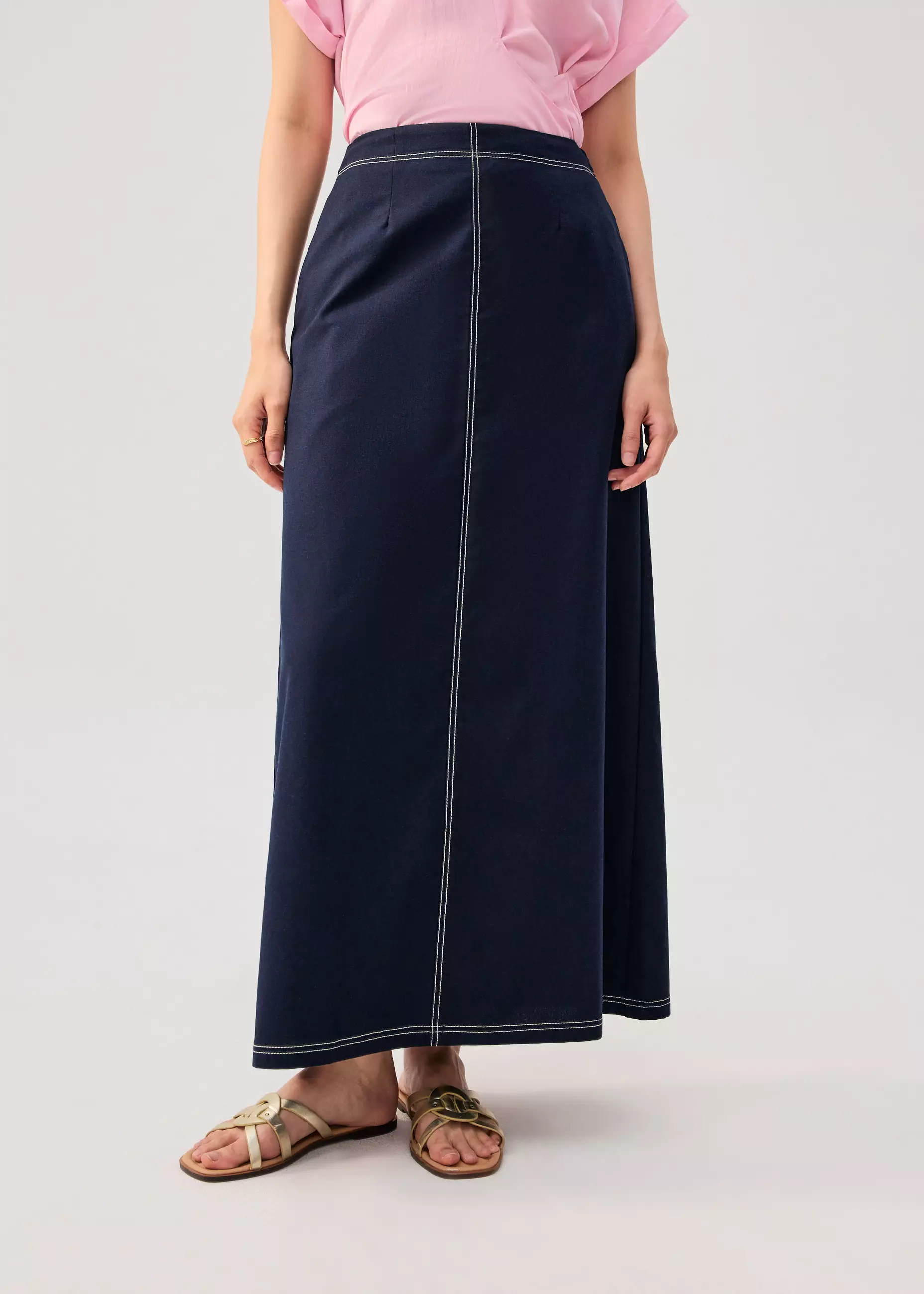 Rok Wanita - Elastic Contrast Stitch High Waist A-line Maxi Skirt