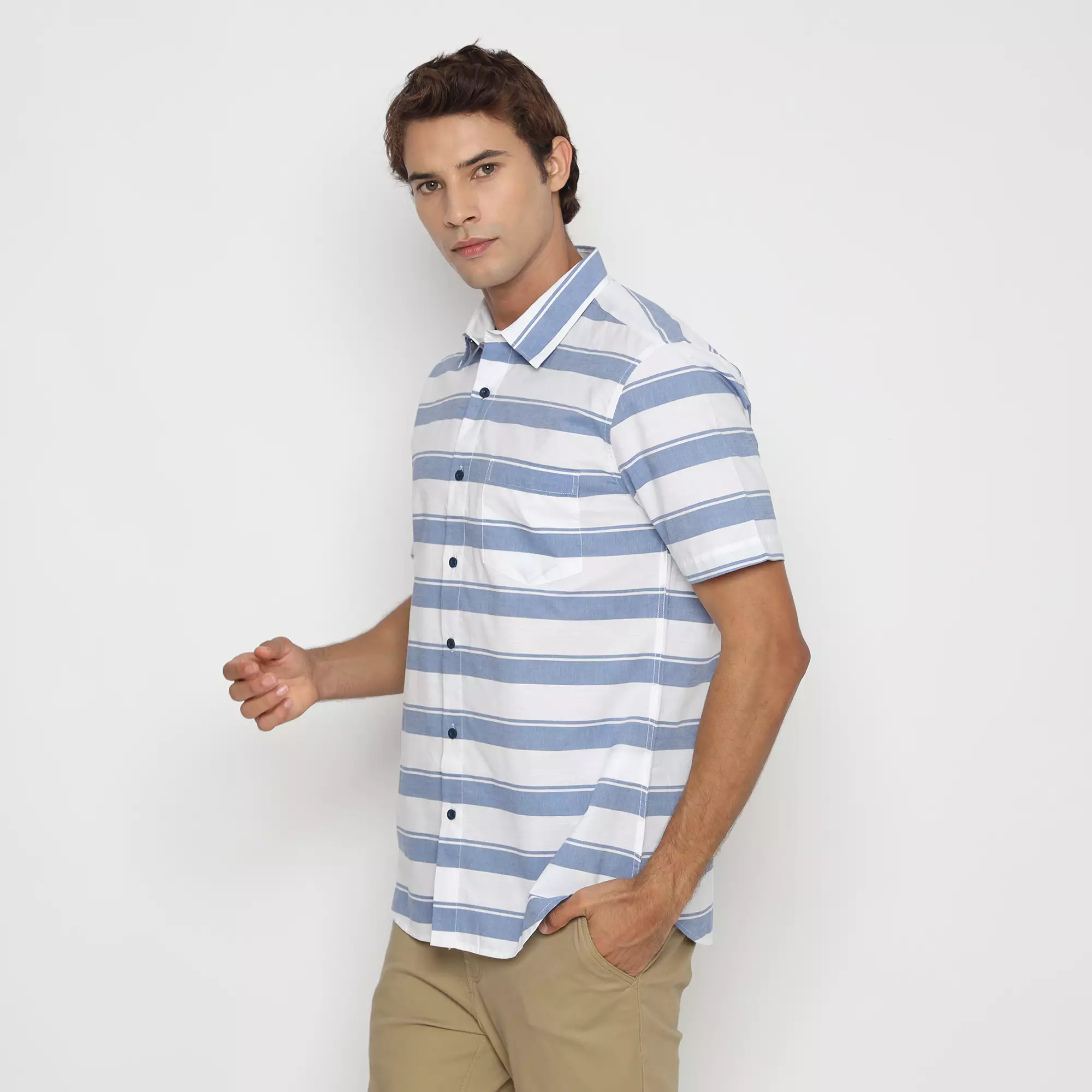 Platini Kemeja Motif Salur Pria Lengan Pendek Katun Biru 73477