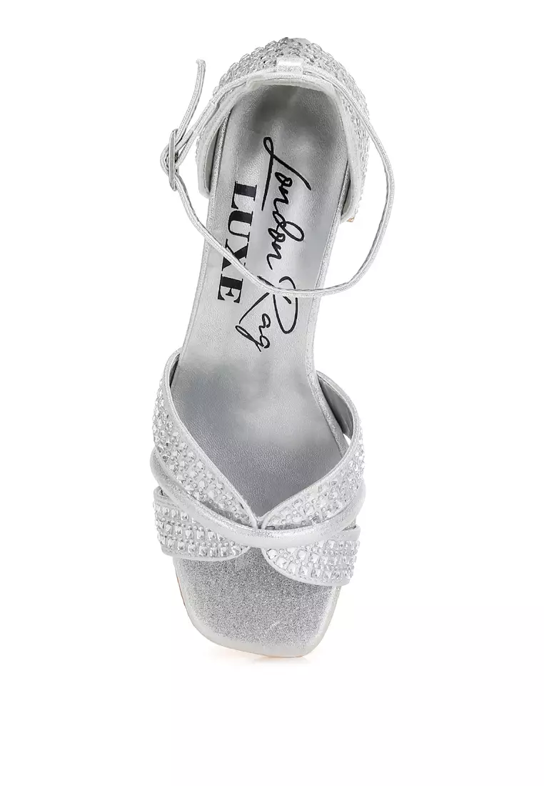 Low Block Heel Rhinestone Sandals in Silver