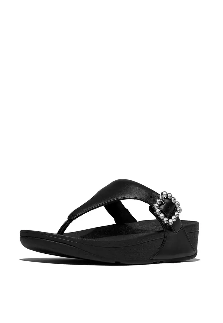 FitFlop LULU Crystal-Buckle Leather Toe-Post Sandals - All Black (E1D-090)