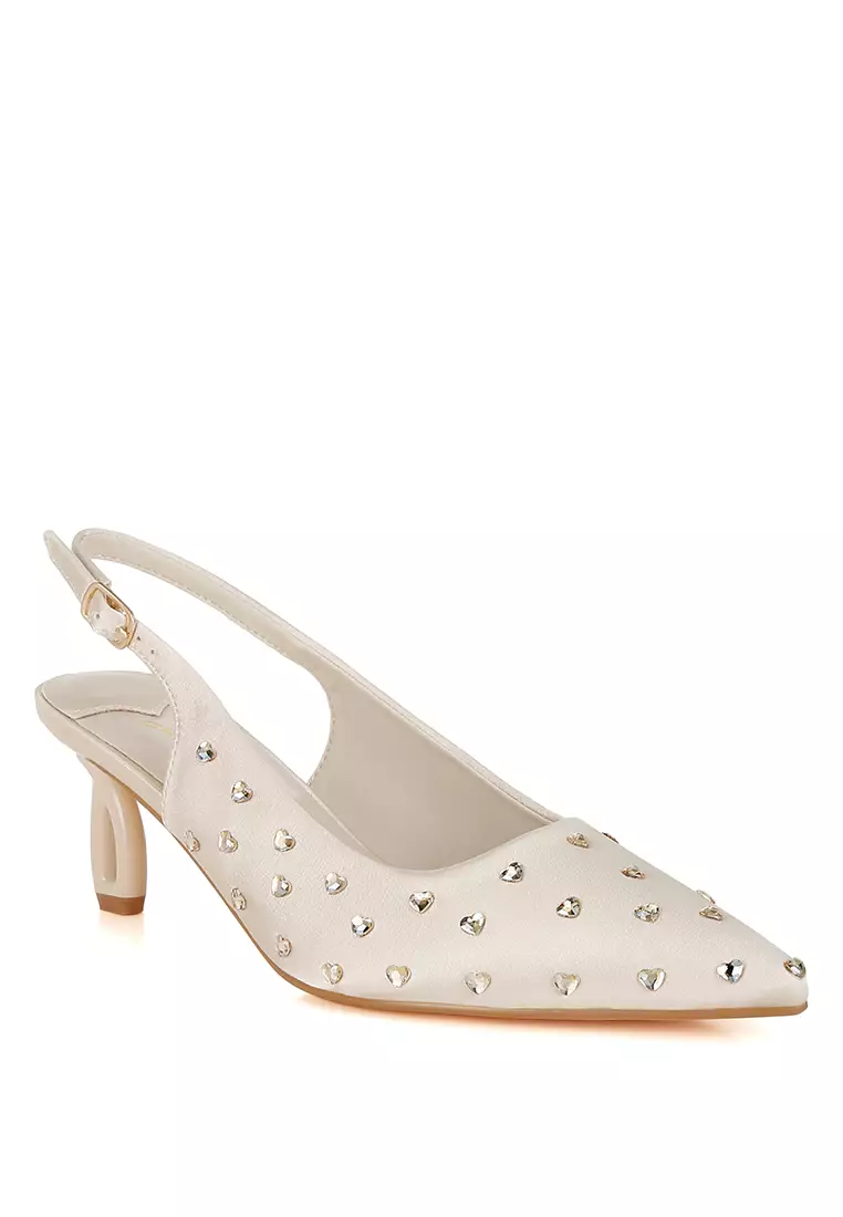 Heart-Shaped Rhinestone Studded Slingbacks in Beige