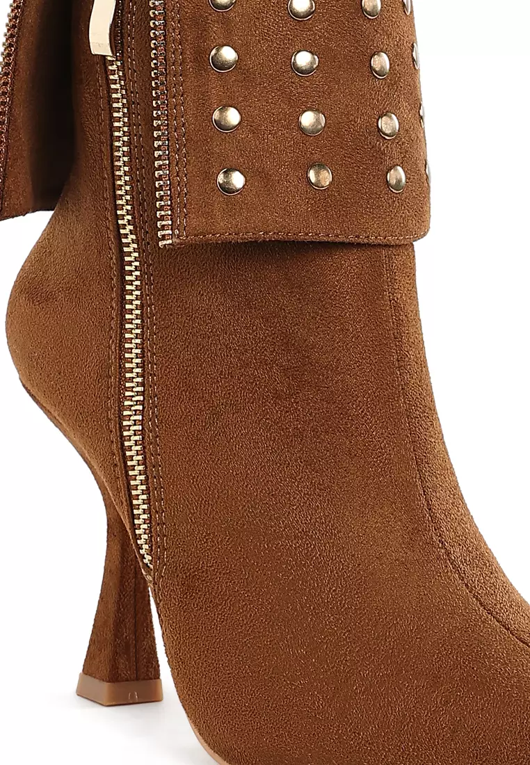 Stud Embellished Foldover Boots in Tan