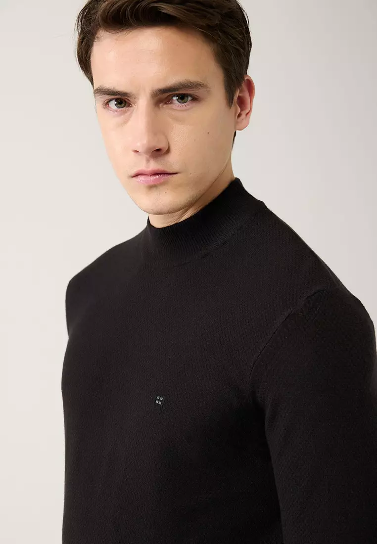 Men's Black Half Turtleneck Textured Collar Knitwear Sweater A32Y5166