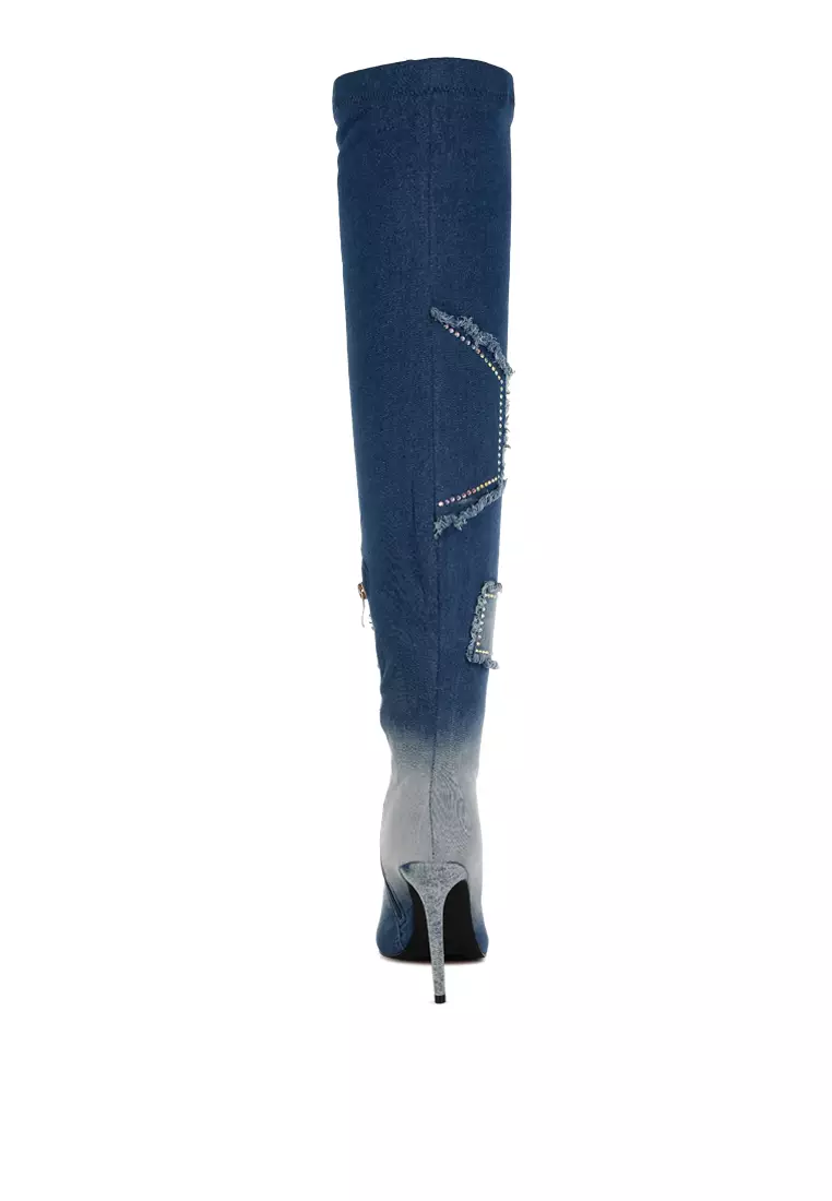 Rhinestones Knee High Denim Boots in Dark Blue