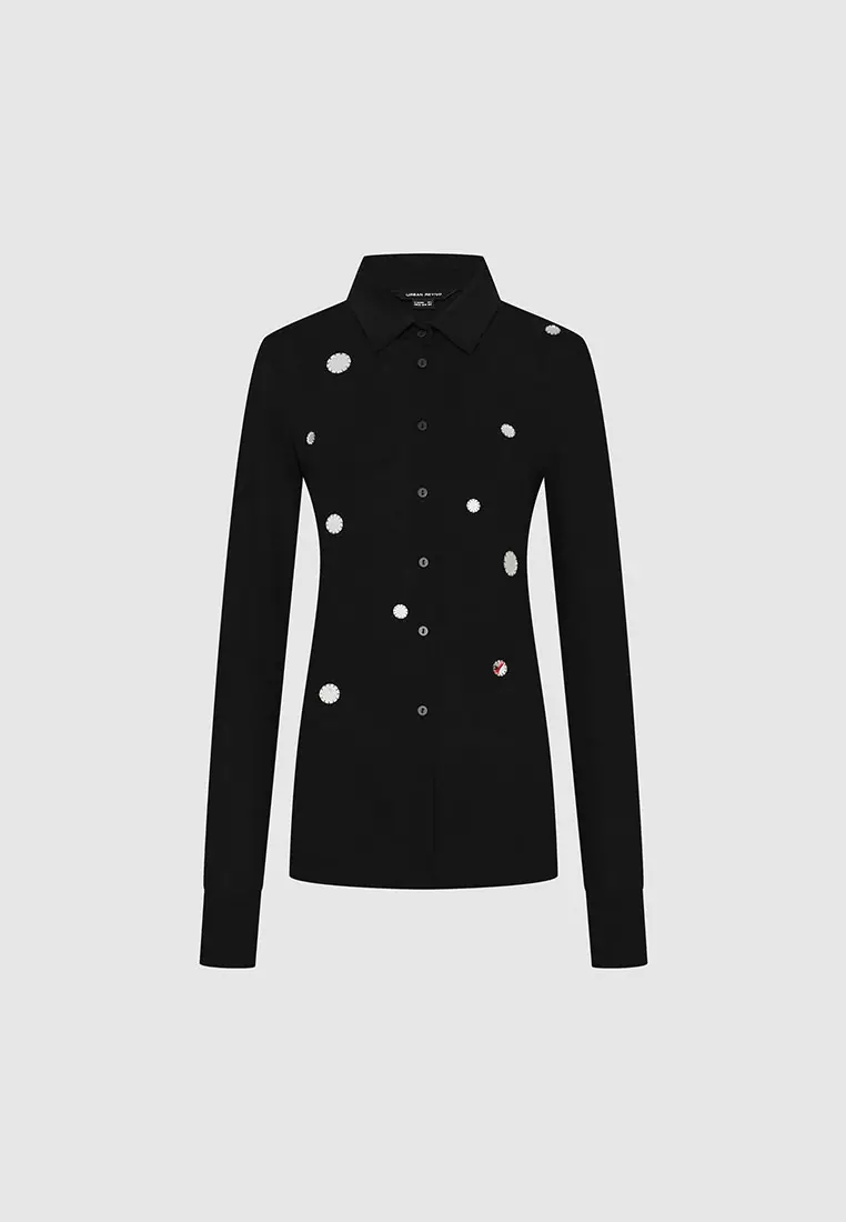 UR春季新款女装设计感镜面装饰长袖开襟衬衫UWJ250005