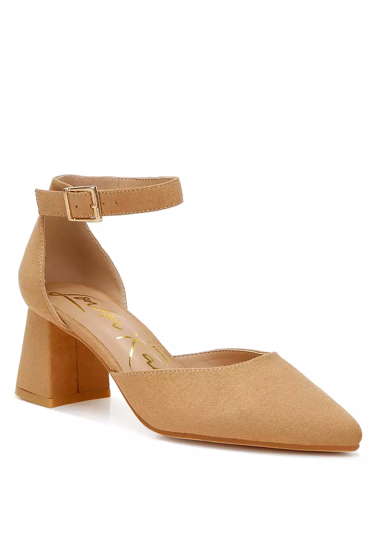 Microfiber Block Heel Sandals in Beige