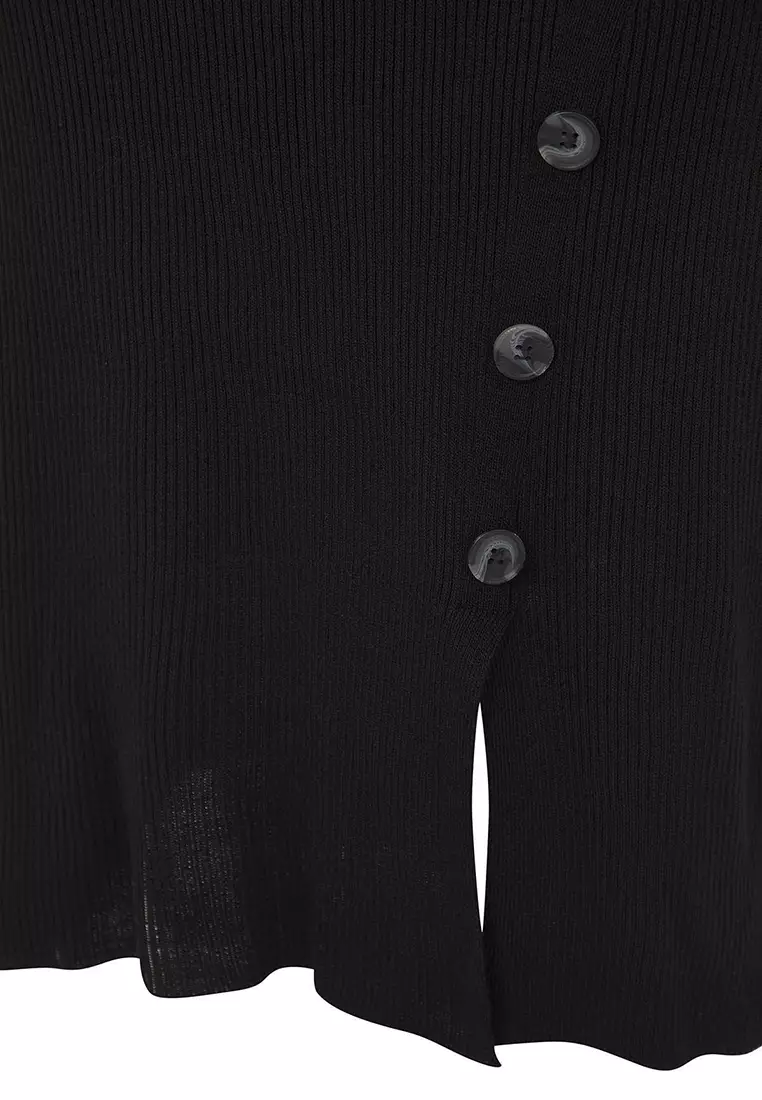 Black Button Detailed Slit Knitwear Dress Tbbaw24Ah00009
