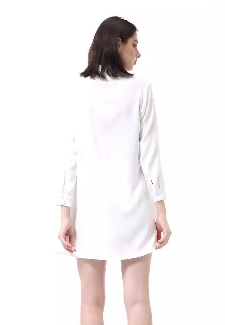 Rachel Mini Dress Wanita Model Kancing Palin Motive lengan Panjang Material Moscrepe ORIGINAL - White