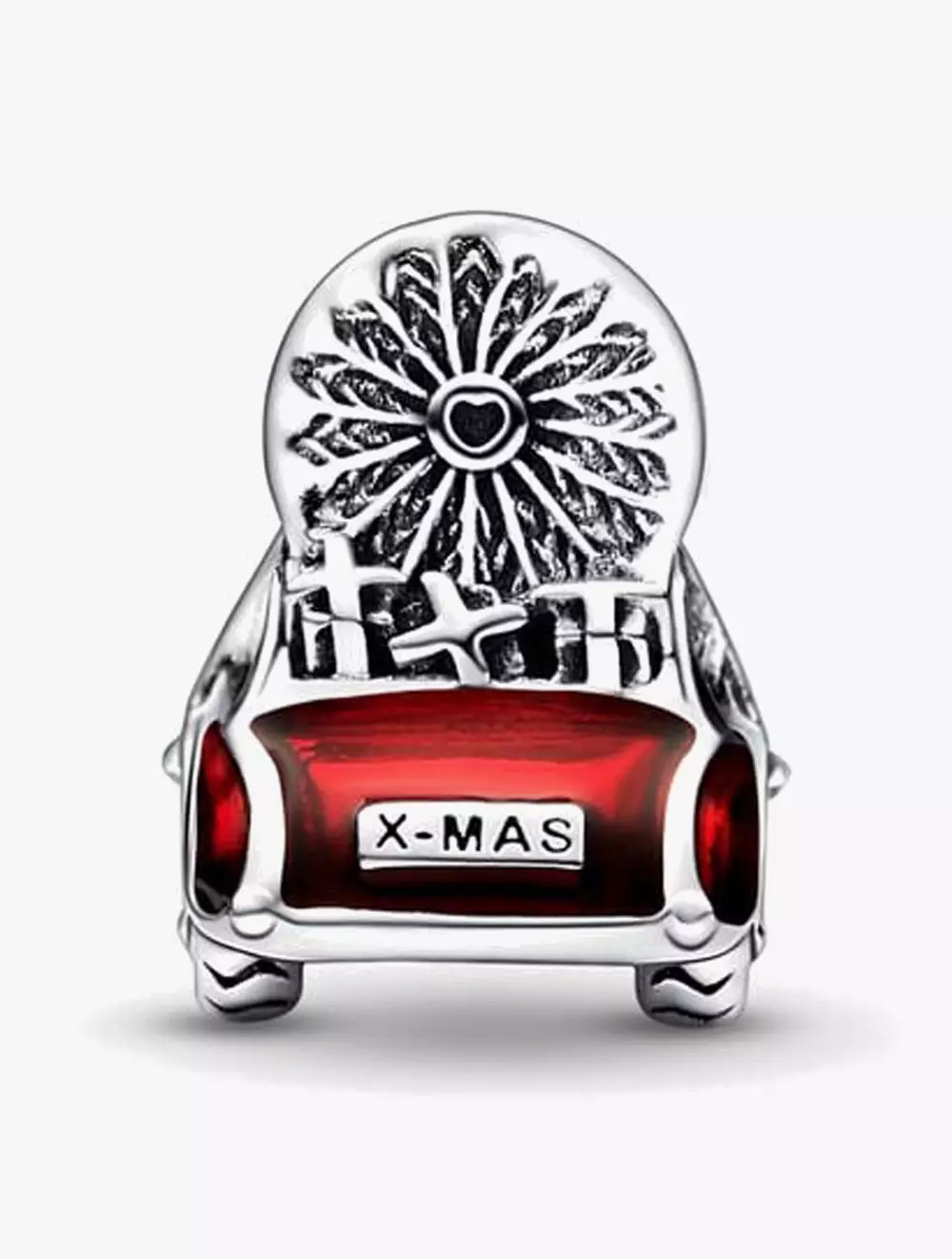 Car and Christmas tree sterling silver charm with transparent glossy red and translucent green enamel