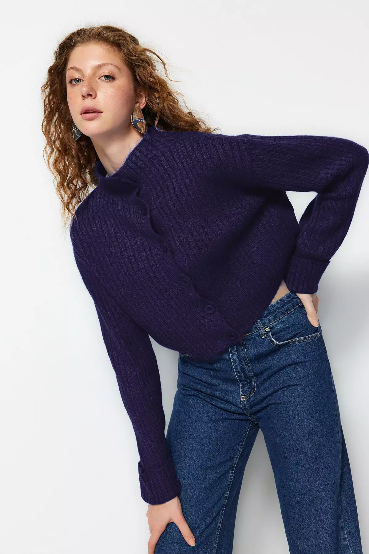 Navy Blue Crop Soft Textured Stand Collar Knitwear Cardigan