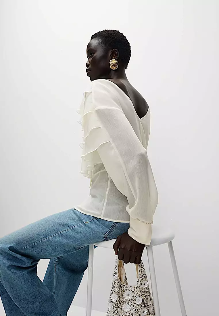 V-Neck Ruffle Tie Detail Button Through Blouse