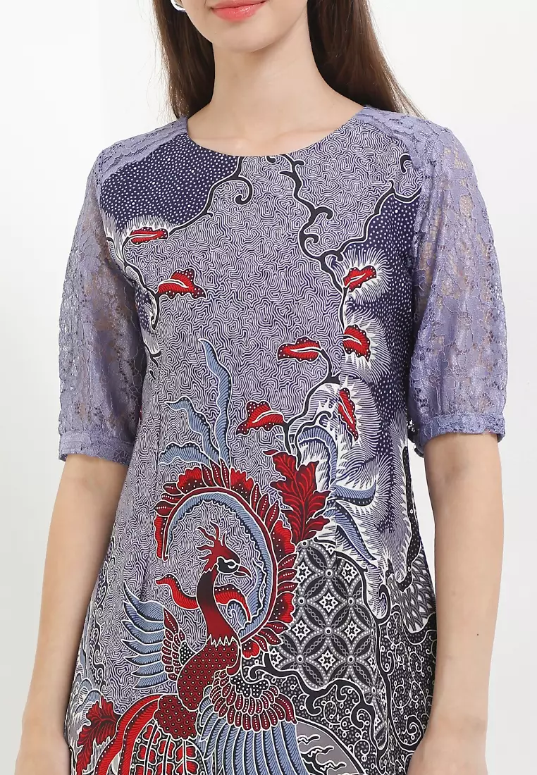 Dress Wanita Batik Furing Lining Vencia Brokat Lengan Pendek Purple