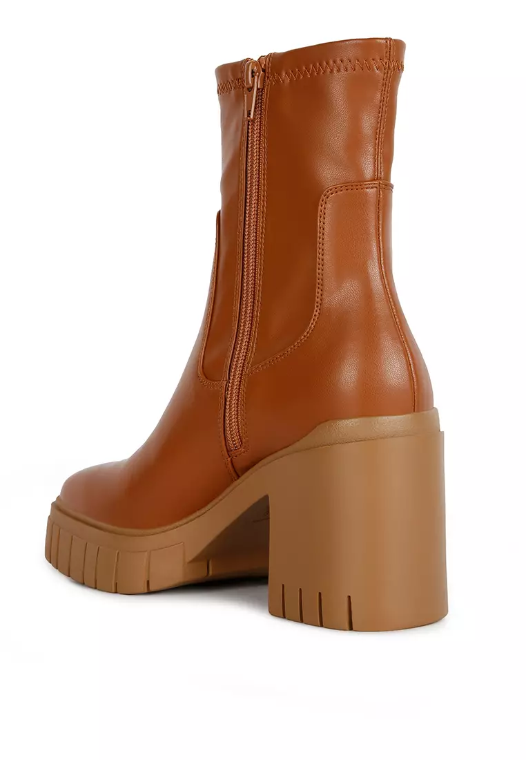 黃褐色人造皮革厚底高跟踝靴