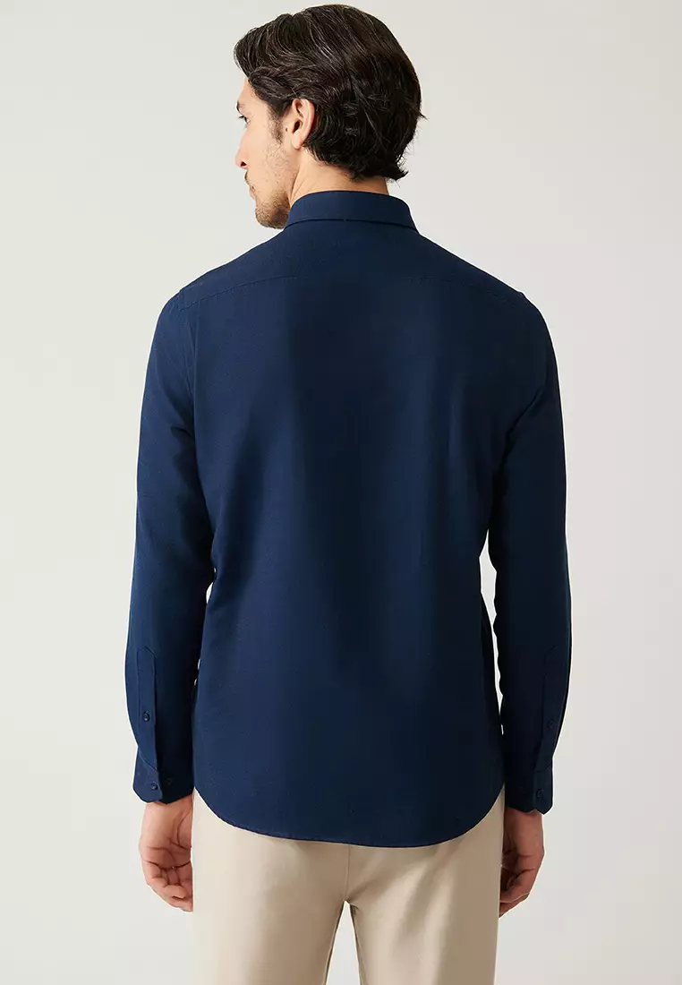 Men's Navy Blue Button-Down Collar Easy Iron Cotton Oxford Shirt E002000