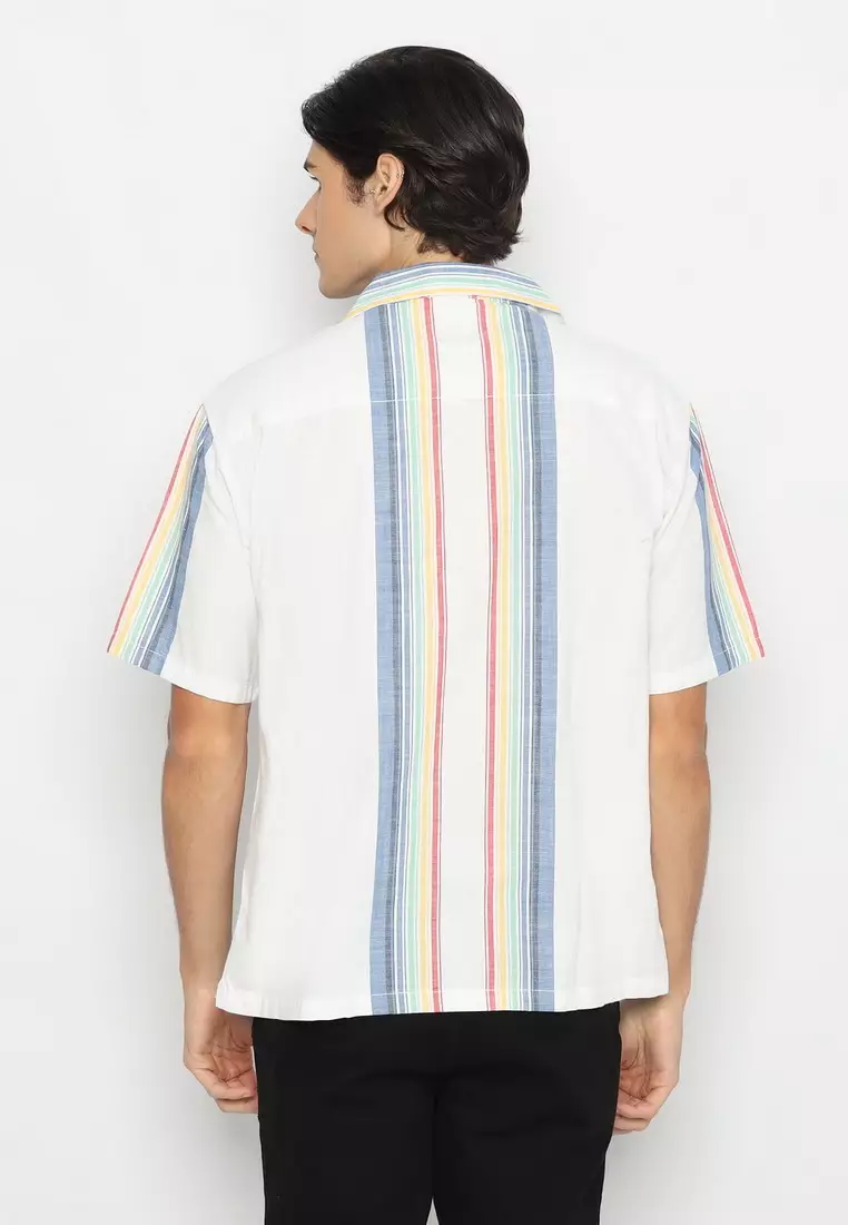 RBJ Kemeja Salur Linen Krah Hawaii Putih Biru Regular Fit Pria