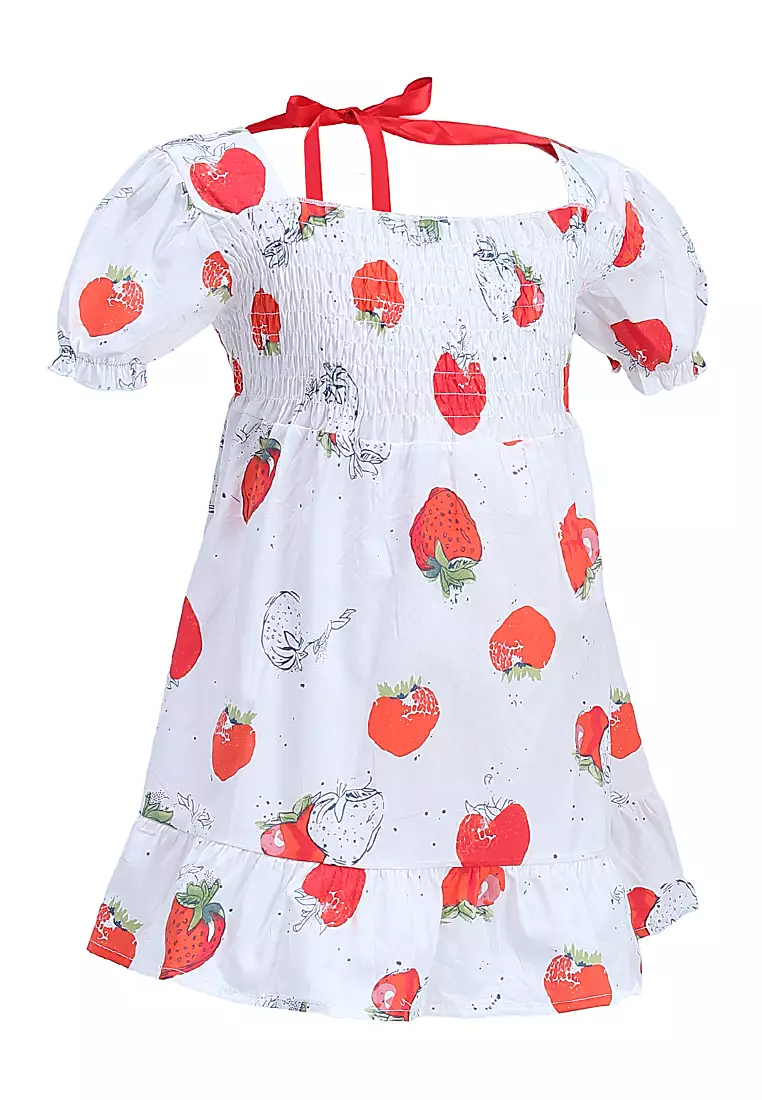 Bianca Gaun Anak Perempuan Motif Strawberry Kids Dresses Short Sleeve Material Cotton ORIGINAL - White