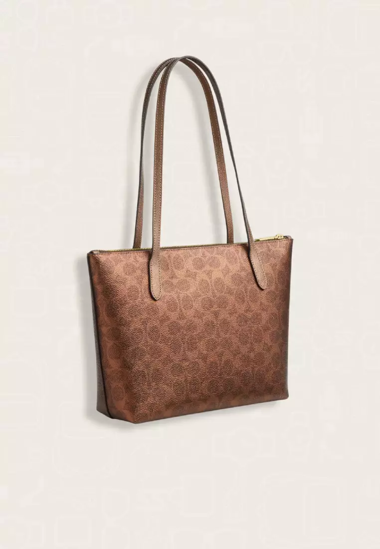 Coach Fiona Zip Tote Bag In Signature Canvas Brown Copper
