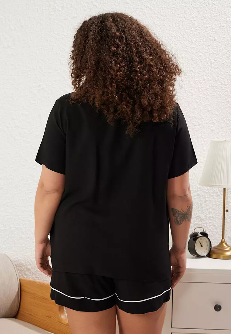 Black Piping Detailed Viscose Woven Pajama Set TBBSS25AI00016