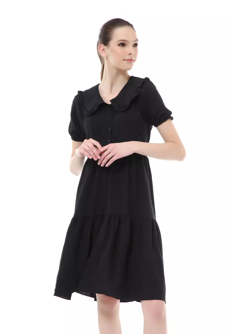 Rachel Dress Rample Wanita Collar Vintage Button Layer Trap Lengan Pendek Material Cey Flow ORIGINAL - Black