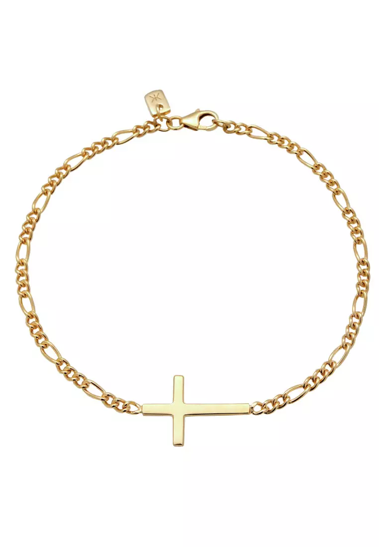 EXCLUSIVE Gelang Perhiasan Perak 925 Pria Cross Figaro Chain Gold Plated