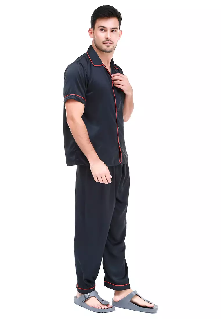 Klicin Setelan Baju Tidur Pendek Piyama Pria Plain One Set Sleepwear Pajamas Material Satin ORIGINAL