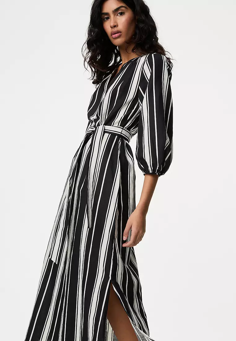 Linen Rich V-Neck Belted Maxi Column Dress