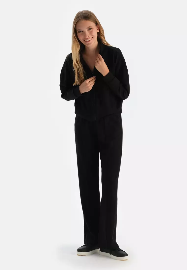 Black Sweatshirt, Standing Collar, Regular Fit, Loungewear for Women