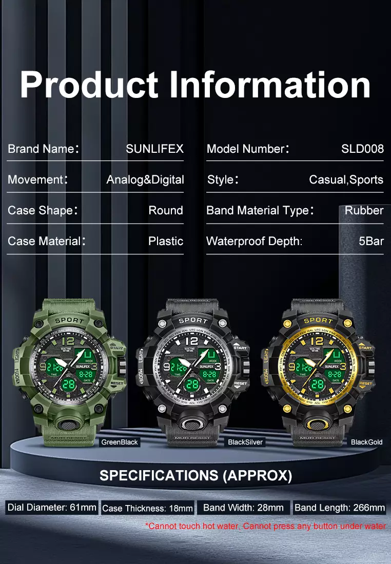 Jam Tangan Pria Digital D008 Multifungsi Alarm Olahraga Bercahaya Analog Jam Tangan Cowok Green