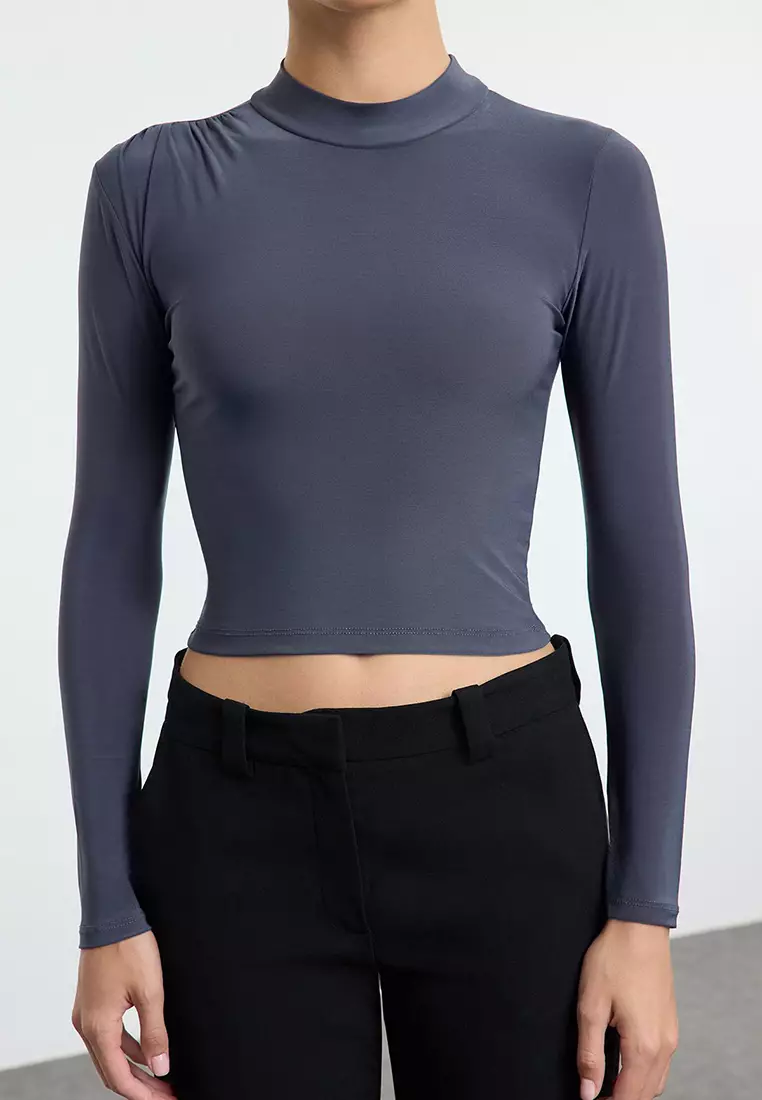 Dark Gray Sleeve Gather Detailed Fitted High Collar Crop Stretchy Knitted Blouse TWOAW23EL01391