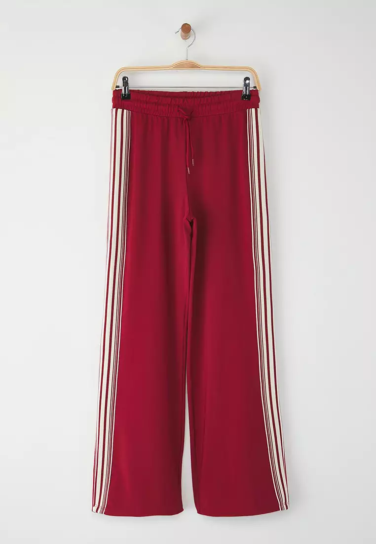 Maroon Striped Diver/Scuba Fabric Sports Knitted Sweatpants THMSS25EA00006