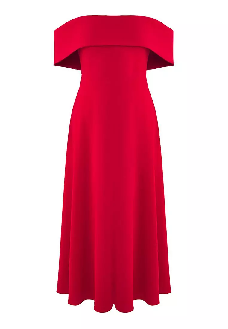 Red Collar Detail A Line Stylish Evening Dress