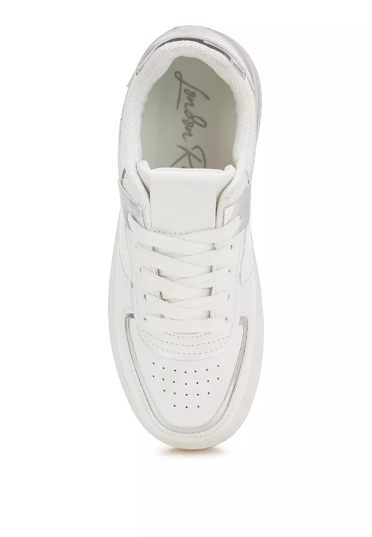 Metallic Paneling Platform Sneakers in White Silver