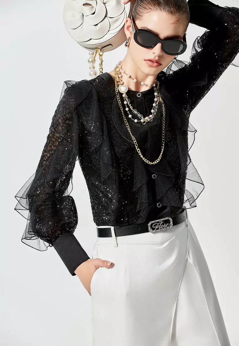 Full Sequin Top With Mesh Ruffle Layer