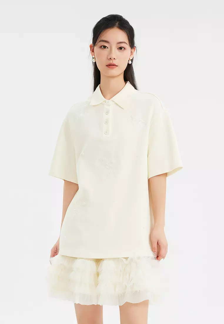 Polo T-Shirt and Ruffled Mesh Mini Skirt Set