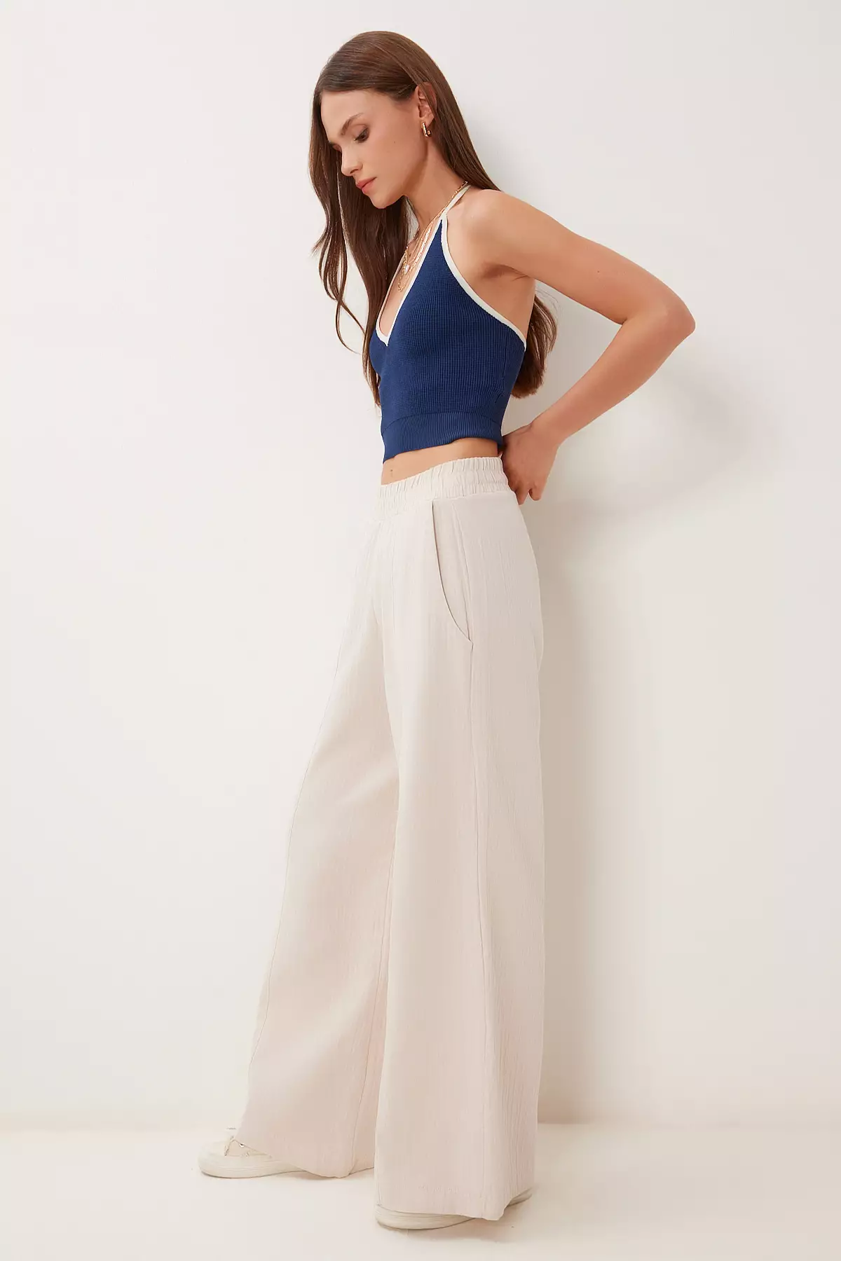 Women's Cream Pocket Wide Leg Linen Trousers Bv00172