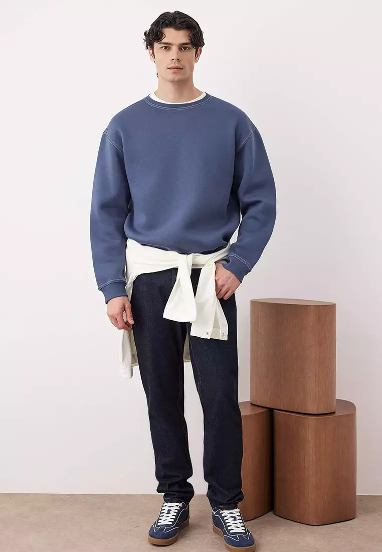 Pale Indigo Oversize/Wide Cut Contrast Stitch Detail Crew Neck Sweatshirt